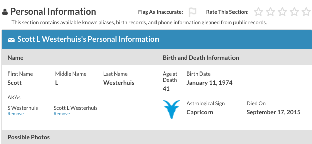 scott westerhuis death record