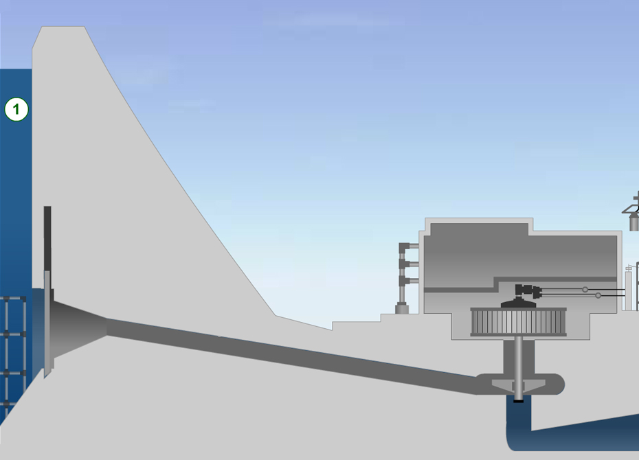 An illustration of dam and water turbine power generating factory